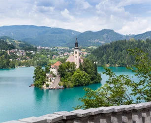Bled, Slovenië. Kerk van de Hemelvaart, Bled-eiland